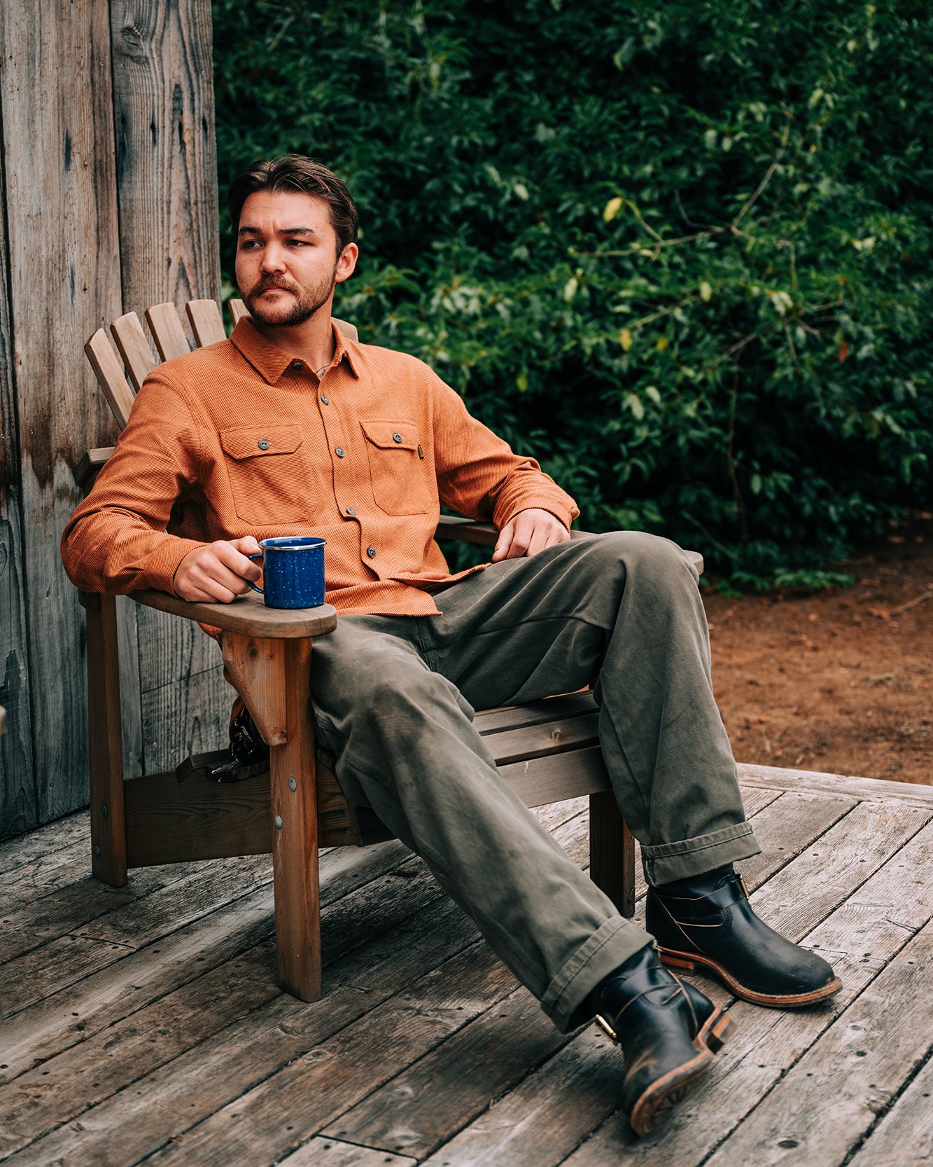 man sitting wearing ALDER LONG SLEEVE FLANNEL SHIRT Coyote