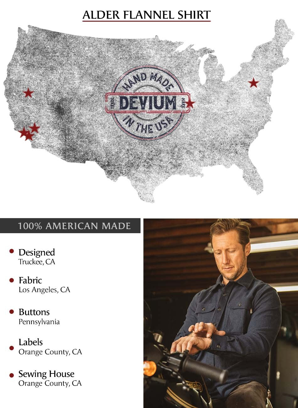 This USA map shows from which states Devium sources its fabrics, trims, dyeing, sewing and finishing.--California and Pennsylvania.