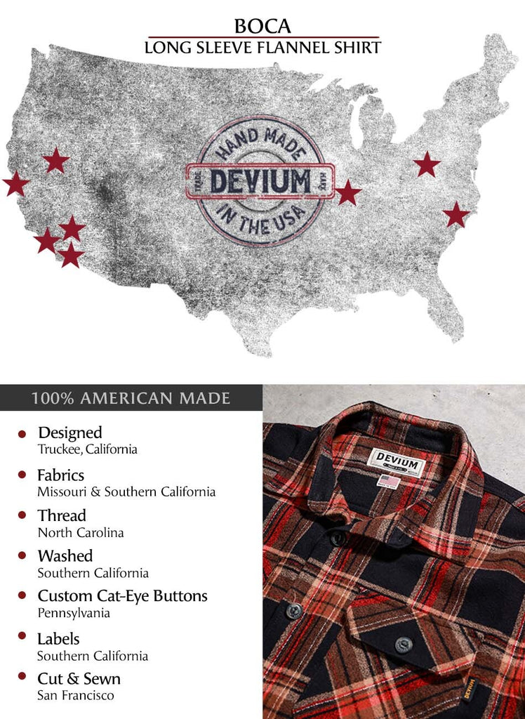 This USA map shows from which states Devium sources its fabrics, trims, dyeing, sewing and finishing--California, Missouri, North Carolina and and Pennsylvania.